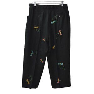 Jillian Jones Linen Capri Pants Womens 14 Dragonfly Embroidery Black